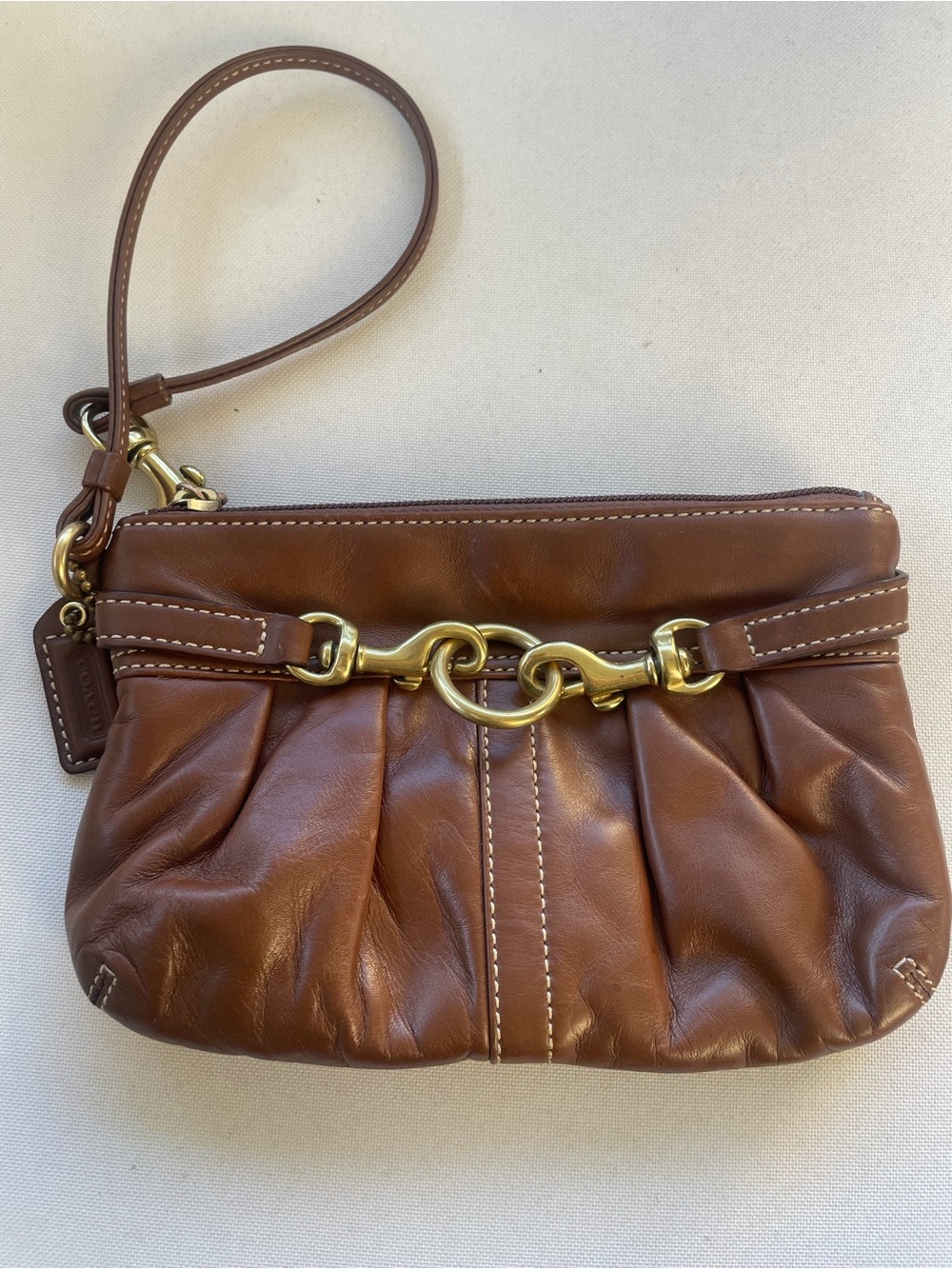 Coach Tan Leather Wristlet with Gold Hardware